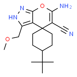 ChemSpider 2D Image | 6'-Amino-4-tert-butyl-3'-(methoxymethyl)-2'H-spiro[cyclohexane-1,4'-pyrano[2,3-c]pyrazole]-5'-carbonitrile | C18H26N4O2