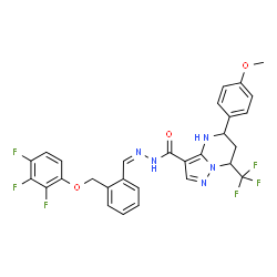 ChemSpider 2D Image | 5-(4-Methoxyphenyl)-7-(trifluoromethyl)-N'-[(Z)-{2-[(2,3,4-trifluorophenoxy)methyl]phenyl}methylene]-4,5,6,7-tetrahydropyrazolo[1,5-a]pyrimidine-3-carbohydrazide | C29H23F6N5O3