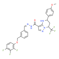 ChemSpider 2D Image | 5-(4-Methoxyphenyl)-7-(trifluoromethyl)-N'-[(Z)-{3-[(2,3,4-trifluorophenoxy)methyl]phenyl}methylene]-4,5,6,7-tetrahydropyrazolo[1,5-a]pyrimidine-3-carbohydrazide | C29H23F6N5O3