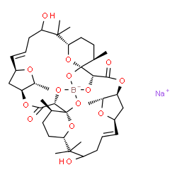ChemSpider 2D Image | Sodium [(1R,2R,5S,6R,8S,9E,14S,17R,18R,19R,22S,23R,25S,31S,34R)-12,29-dihydroxy-1,2,18,19-tetra(hydroxy-kappaO)-6,13,13,17,23,30,30,34-octamethyl-4,7,21,24,35,37-hexaoxapentacyclo[29.3.1.1~5,8~.1~14,1
8~.1~22,25~]octatriaconta-9,26-diene-3,20-dionato(4-)]borate(1-) | C40H60BNaO14