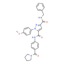 ChemSpider 2D Image | N~3~-Benzyl-1-(4-methoxyphenyl)-N~5~-[4-(1-pyrrolidinylcarbonyl)phenyl]-1H-pyrazole-3,5-dicarboxamide | C30H29N5O4