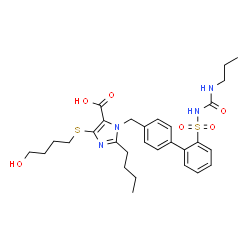 ChemSpider 2D Image | 2-Butyl-4-[(4-hydroxybutyl)sulfanyl]-1-({2'-[(propylcarbamoyl)sulfamoyl]-4-biphenylyl}methyl)-1H-imidazole-5-carboxylic acid | C29H38N4O6S2