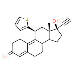 ChemSpider 2D Image | (8xi,11beta,14xi,17alpha)-17-Hydroxy-11-(2-thienyl)-19-norpregna-4,9-dien-20-yn-3-one | C24H26O2S