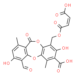 ChemSpider 2D Image | 9-({[(2Z)-3-Carboxy-2-propenoyl]oxy}methyl)-4-formyl-3,8-dihydroxy-1,6-dimethyl-11-oxo-11H-dibenzo[b,e][1,4]dioxepine-7-carboxylic acid | C22H16O12