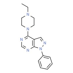 ChemSpider 2D Image | 4-(4-Ethyl-1-piperazinyl)-1-phenyl-1H-pyrazolo[3,4-d]pyrimidine | C17H20N6