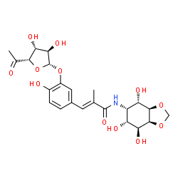 ChemSpider 2D Image | (2E)-3-{3-[(6-Deoxy-beta-D-xylo-hexofuranosyl-5-ulose)oxy]-4-hydroxyphenyl}-2-methyl-N-[(3aR,4S,5S,6R,7S,7aS)-4,6,7-trihydroxyhexahydro-1,3-benzodioxol-5-yl]acrylamide | C23H29NO12