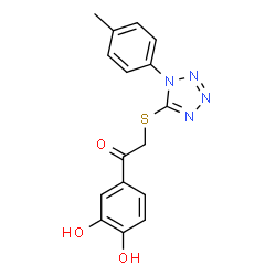 ChemSpider 2D Image | 1-(3,4-dihydroxyphenyl)-2-[1-(p-tolyl)tetrazol-5-yl]sulfanyl-ethanone | C16H14N4O3S
