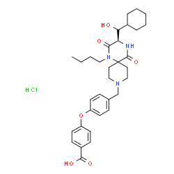 ChemSpider 2D Image | 4-[4-({(3R)-1-Butyl-3-[(R)-cyclohexyl(hydroxy)methyl]-2,5-dioxo-1,4,9-triazaspiro[5.5]undec-9-yl}methyl)phenoxy]benzoic acid hydrochloride (1:1) | C33H44ClN3O6