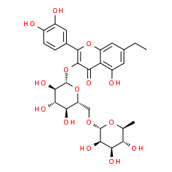ChemSpider 2D Image | 2-(3,4-Dihydroxyphenyl)-7-ethyl-5-hydroxy-4-oxo-4H-chromen-3-yl 6-O-(6-deoxy-alpha-L-mannopyranosyl)-beta-D-glucopyranoside | C29H34O15