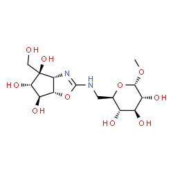 ChemSpider 2D Image | Methyl 6-deoxy-6-{[(3aR,4R,5S,6S,6aS)-4,5,6-trihydroxy-4-(hydroxymethyl)-4,5,6,6a-tetrahydro-3aH-cyclopenta[d][1,3]oxazol-2-yl]amino}-alpha-D-glucopyranoside | C14H24N2O10