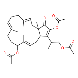 ChemSpider 2D Image | (5E,10E,14E)-3-(1-Acetoxy-2-propanyl)-6,10,14,16a-tetramethyl-1-oxo-1,3a,4,7,8,9,12,13,16,16a-decahydrocyclopenta[15]annulene-2,7-diyl diacetate | C31H44O7