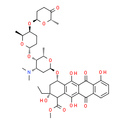 ChemSpider 2D Image | Methyl (2R,4S)-2-ethyl-2,5,7,12-tetrahydroxy-6,11-dioxo-4-({2,3,6-trideoxy-3-(dimethylamino)-4-O-[(2S,5S,6S)-6-methyl-5-{[(2R,6S)-6-methyl-5-oxotetrahydro-2H-pyran-2-yl]oxy}tetrahydro-2H-pyran-2-yl]-a
lpha-L-lyxo-hexopyranosyl}oxy)-1,2,3,4,6,11-hexahydro-1-tetracenecarboxylate | C42H53NO15