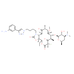 ChemSpider 2D Image | (3aS,7R,9R,10R,11R,13R,15R,15aR)-1-{4-[4-(3-Aminophenyl)-1H-1,2,3-triazol-1-yl]butyl}-4-ethyl-7-fluoro-11-methoxy-3a,7,9,11,13,15-hexamethyl-2,6,8,14-tetraoxotetradecahydro-2H-oxacyclotetradecino[4,3-
d][1,3]oxazol-10-yl 3,4,6-trideoxy-3-(dimethylamino)-beta-D-xylo-hexopyranoside | C43H65FN6O10