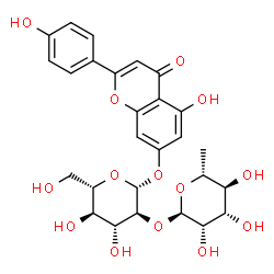 ChemSpider 2D Image | 5-Hydroxy-2-(4-hydroxyphenyl)-4-oxo-4H-chromen-7-yl 2-O-(6-deoxy-alpha-D-mannopyranosyl)-beta-L-glucopyranoside | C27H30O14