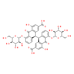 ChemSpider 2D Image | (9S,9'S)-5,5'-Bis(beta-L-glucopyranosyloxy)-4,4'-dihydroxy-10,10'-dioxo-9,9',10,10'-tetrahydro-9,9'-bianthracene-2,2'-dicarboxylic acid | C42H38O20