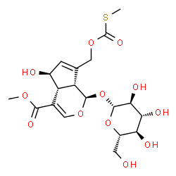 ChemSpider 2D Image | Methyl (1R,4aR,5S,7aR)-1-(beta-L-glucopyranosyloxy)-5-hydroxy-7-({[(methylsulfanyl)carbonyl]oxy}methyl)-1,4a,5,7a-tetrahydrocyclopenta[c]pyran-4-carboxylate | C19H26O12S