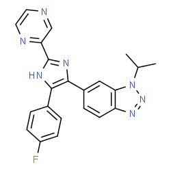 ChemSpider 2D Image | 6-[5-(4-Fluorophenyl)-2-(2-pyrazinyl)-1H-imidazol-4-yl]-1-isopropyl-1H-benzotriazole | C22H18FN7