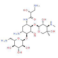 ChemSpider 2D Image | (2R)-3-Amino-N-[(1S,2R,3R,4S,5R)-5-amino-4-[(6-amino-6-deoxy-alpha-L-glucopyranosyl)oxy]-2-{[3-deoxy-4-C-methyl-3-(methylamino)-alpha-L-arabinopyranosyl]oxy}-3-hydroxycyclohexyl]-2-hydroxypropanamide | C22H43N5O12