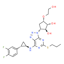 ChemSpider 2D Image | (1R,2S,3R,5S)-3-[7-{[(1R,2S)-2-(3,4-Difluorophenyl)cyclopropyl]amino}-5-(propylsulfanyl)-3H-[1,2,3]triazolo[4,5-d]pyrimidin-3-yl]-5-(2-hydroxyethoxy)-1,2-cyclopentanediol | C23H28F2N6O4S