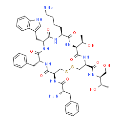 ChemSpider 2D Image | (4S,7S,10S,13R,16R,19S)-10-(4-Aminobutyl)-16-benzyl-N-[(2S,3S)-1,3-dihydroxy-2-butanyl]-7-[(1R)-1-hydroxyethyl]-13-(1H-indol-3-ylmethyl)-6,9,12,15,18-pentaoxo-19-(L-phenylalanylamino)-1,2-dithia-5,8,1
1,14,17-pentaazacycloicosane-4-carboxamide | C49H66N10O10S2