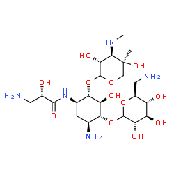 ChemSpider 2D Image | (2S)-3-Amino-N-[(1R,2S,3S,4R,5S)-5-amino-4-[(6-amino-6-deoxy-L-glucopyranosyl)oxy]-2-{[3-deoxy-4-C-methyl-3-(methylamino)-L-arabinopyranosyl]oxy}-3-hydroxycyclohexyl]-2-hydroxypropanamide | C22H43N5O12