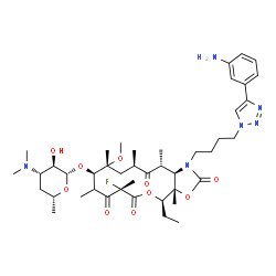 ChemSpider 2D Image | (3aS,4R,7S,10R,11R,13R,15R,15aR)-1-{4-[4-(3-Aminophenyl)-1H-1,2,3-triazol-1-yl]butyl}-4-ethyl-7-fluoro-11-methoxy-3a,7,9,11,13,15-hexamethyl-2,6,8,14-tetraoxotetradecahydro-2H-oxacyclotetradecino[4,3-
d][1,3]oxazol-10-yl 3,4,6-trideoxy-3-(dimethylamino)-beta-D-xylo-hexopyranoside | C43H65FN6O10