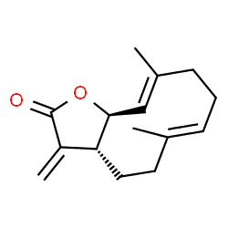 ChemSpider 2D Image | (3aR,6E,10E,11aS)-6,10-Dimethyl-3-methylene-3a,4,5,8,9,11a-hexahydrocyclodeca[b]furan-2(3H)-one | C15H20O2