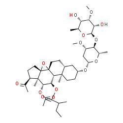 ChemSpider 2D Image | (3alpha,5beta,8alpha,9beta,10alpha,11beta,12alpha,13alpha)-12-Acetoxy-3-{[2,6-dideoxy-4-O-(6-deoxy-3-O-methyl-beta-L-allopyranosyl)-3-O-methyl-beta-L-arabino-hexopyranosyl]oxy}-20-oxo-8,14-epoxypregna
n-11-yl 2-methylbutanoate | C42H66O14