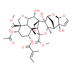 ChemSpider 2D Image | Dimethyl (1S,2R,3R,5R,9R,10R,11R,13S,14S,15R,16R,18S,19R,22S,23R)-18-acetoxy-2,9,23-trihydroxy-11,15-dimethyl-16-{[(2E)-2-methyl-2-butenoyl]oxy}-4,6,12,21,25-pentaoxaoctacyclo[11.10.2.1~3,10~.1~15,19~
.0~1,14~.0~2,11~.0~5,9~.0~22,26~]heptacos-7-ene-13,19-dicarboxylate | C35H44O16