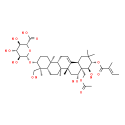 ChemSpider 2D Image | (3alpha,5beta,8alpha,9beta,10alpha,14beta,16alpha,17alpha,18alpha,21alpha,22beta)-28-Acetoxy-16,22,24-trihydroxy-21-{[(2E)-2-methyl-2-butenoyl]oxy}olean-12-en-3-yl beta-L-glucopyranosiduronic acid | C43H66O14