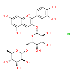 ChemSpider 2D Image | 2-(3,4-Dihydroxyphenyl)-5,7-dihydroxy-3-chromeniumyl 6-O-(6-deoxy-alpha-D-mannopyranosyl)-beta-L-glucopyranoside chloride | C27H31ClO15