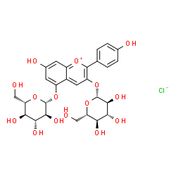ChemSpider 2D Image | 3-(beta-L-Glucopyranosyloxy)-7-hydroxy-2-(4-hydroxyphenyl)-5-chromeniumyl beta-L-glucopyranoside chloride | C27H31ClO15