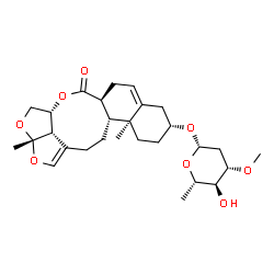 ChemSpider 2D Image | (2aS,4aR,6aS,10R,12aS,12bR,14bS)-2a,12a-Dimethyl-6-oxo-2a,4,4a,6a,7,9,10,11,12,12a,12b,13,14,14b-tetradecahydro-6H-2,3,5-trioxapentaleno[1',6':5,6,7]cyclonona[1,2-a]naphthalen-10-yl 2,6-dideoxy-3-O-me
thyl-beta-L-arabino-hexopyranoside | C28H40O8
