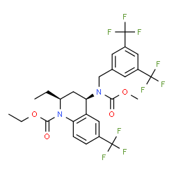 ChemSpider 2D Image | Ethyl (2S,4R)-4-{[3,5-bis(trifluoromethyl)benzyl](methoxycarbonyl)amino}-2-ethyl-6-(trifluoromethyl)-3,4-dihydro-1(2H)-quinolinecarboxylate | C26H25F9N2O4