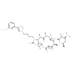 ChemSpider 2D Image | (3aS,7R,9R,10R,11R,13R,15S,15aR)-1-{4-[4-(3-Aminophenyl)-1H-1,2,3-triazol-1-yl]butyl}-4-ethyl-7-fluoro-11-methoxy-3a,7,9,11,13,15-hexamethyl-2,6,8,14-tetraoxotetradecahydro-2H-oxacyclotetradecino[4,3-
d][1,3]oxazol-10-yl 3,4,6-trideoxy-3-(dimethylamino)-beta-D-xylo-hexopyranoside | C43H65FN6O10
