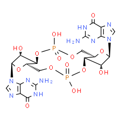 ChemSpider 2D Image | 9,9'-[(2R,3R,3aR,7aR,9R,10R,10aR,14aR)-3,5,10,12-Tetrahydroxy-5,12-dioxidooctahydro-2H,7H-difuro[3,2-d:3',2'-j][1,3,7,9,2,8]tetraoxadiphosphacyclododecine-2,9-diyl]bis(2-amino-1,9-dihydro-6H-purin-6-o
ne) | C20H24N10O14P2