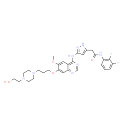 ChemSpider 2D Image | N-(2,3-Difluorophenyl)-2-{3-[(7-{3-[4-(2-hydroxyethyl)-1-piperazinyl]propoxy}-6-methoxy-4-quinazolinyl)amino]-1H-pyrazol-5-yl}acetamide | C29H34F2N8O4