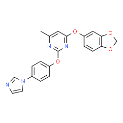 ChemSpider 2D Image | 4-(1,3-Benzodioxol-5-yloxy)-2-[4-(1H-imidazol-1-yl)phenoxy]-6-methylpyrimidine | C21H16N4O4