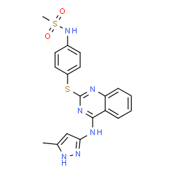 ChemSpider 2D Image | N-[4-({4-[(5-Methyl-1H-pyrazol-3-yl)amino]-2-quinazolinyl}sulfanyl)phenyl]methanesulfonamide | C19H18N6O2S2