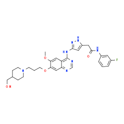 ChemSpider 2D Image | N-(3-Fluorophenyl)-2-{3-[(7-{3-[4-(hydroxymethyl)-1-piperidinyl]propoxy}-6-methoxy-4-quinazolinyl)amino]-1H-pyrazol-5-yl}acetamide | C29H34FN7O4