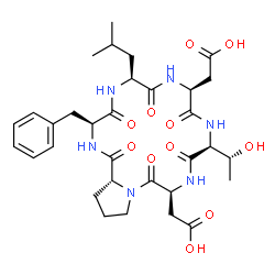 ChemSpider 2D Image | Cyclo(L-alpha-aspartyl-D-prolyl-L-phenylalanyl-L-leucyl-L-alpha-aspartyl-L-threonyl) | C32H44N6O11