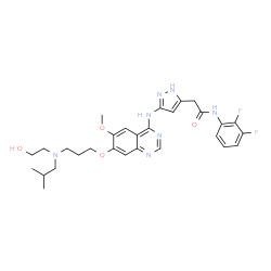 ChemSpider 2D Image | N-(2,3-Difluorophenyl)-2-{3-[(7-{3-[(2-hydroxyethyl)(isobutyl)amino]propoxy}-6-methoxy-4-quinazolinyl)amino]-1H-pyrazol-5-yl}acetamide | C29H35F2N7O4