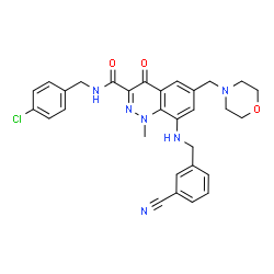 ChemSpider 2D Image | N-(4-Chlorobenzyl)-8-[(3-cyanobenzyl)amino]-1-methyl-6-(4-morpholinylmethyl)-4-oxo-1,4-dihydro-3-cinnolinecarboxamide | C30H29ClN6O3