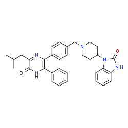 ChemSpider 2D Image | 1-(1-{4-[5-hydroxy-6-(2-methylpropyl)-3-phenylpyrazin-2-yl]benzyl}piperidin-4-yl)-1H-benzimidazol-2-ol | C33H35N5O2