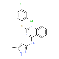 ChemSpider 2D Image | 2-[(2,4-Dichlorophenyl)sulfanyl]-N-(5-methyl-1H-pyrazol-3-yl)-4-quinazolinamine | C18H13Cl2N5S