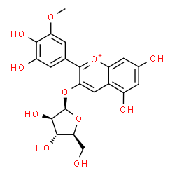 ChemSpider 2D Image | 2-(3,4-Dihydroxy-5-methoxyphenyl)-5,7-dihydroxy-3-chromeniumyl beta-L-arabinofuranoside | C21H21O11