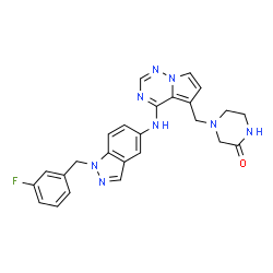 ChemSpider 2D Image | 4-[(4-{[1-(3-Fluorobenzyl)-1H-indazol-5-yl]amino}pyrrolo[2,1-f][1,2,4]triazin-5-yl)methyl]-2-piperazinone | C25H23FN8O