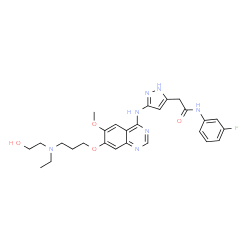 ChemSpider 2D Image | 2-{3-[(7-{3-[Ethyl(2-hydroxyethyl)amino]propoxy}-6-methoxy-4-quinazolinyl)amino]-1H-pyrazol-5-yl}-N-(3-fluorophenyl)acetamide | C27H32FN7O4