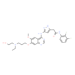ChemSpider 2D Image | N-(2,3-Difluorophenyl)-2-{3-[(7-{3-[ethyl(2-hydroxyethyl)amino]propoxy}-6-methoxy-4-quinazolinyl)amino]-1H-pyrazol-5-yl}acetamide | C27H31F2N7O4