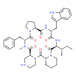 ChemSpider 2D Image | (6aR,13S,16R,18aS,24R,26aS)-24-benzyl-13-[(2S)-butan-2-yl]-16-(1H-indol-3-ylmethyl)-25-methyloctadecahydro-2H,12H-pyrazino[1,2-d]pyrido[1,2-a]pyrrolo[1,2-j][1,4,7,10,13,16]hexaazacyclooctadecine-6,12,15,18,23,26(6aH)-hexone | C43H56N8O6